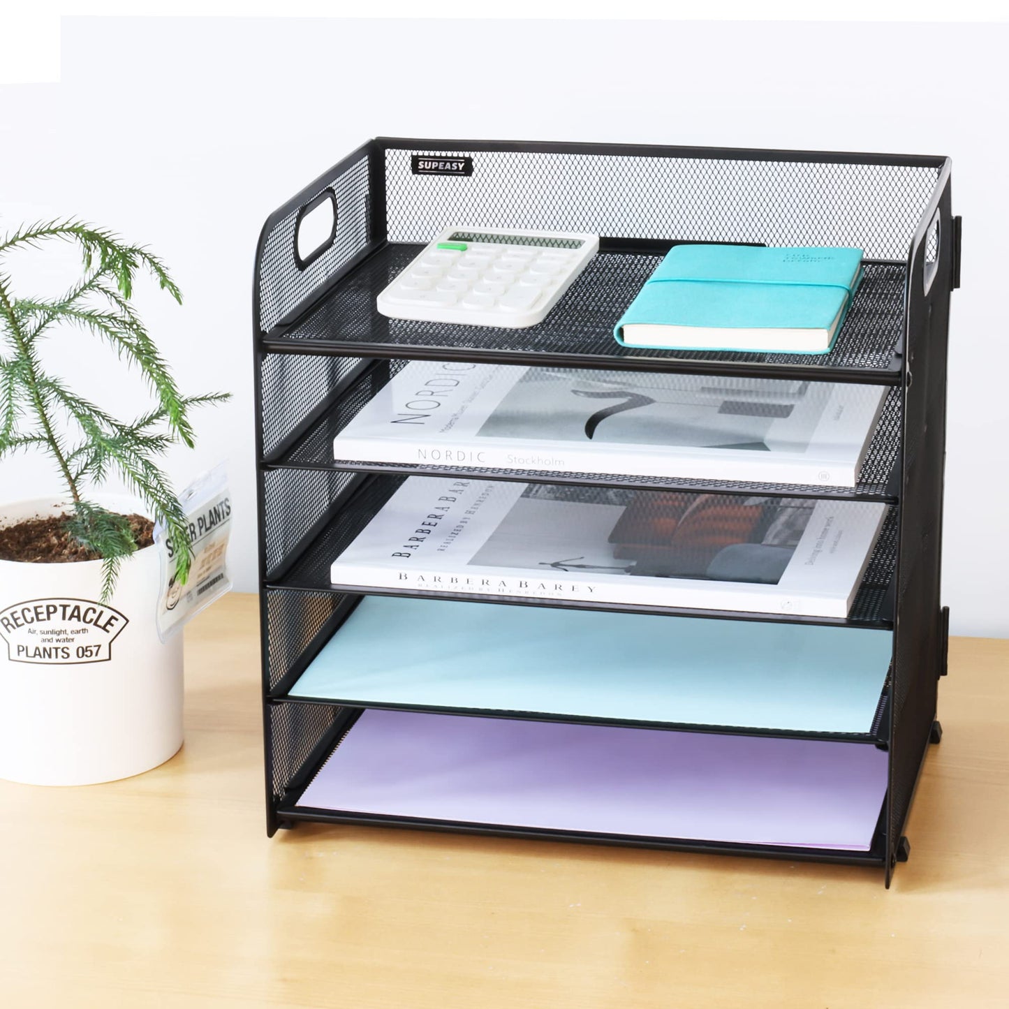 Supeasy 5 Trays Paper Organizer Letter Tray with Handle-Mesh Desk File Holders, Paper Sorter Desk Organizer for Office, Home, Classroom or School