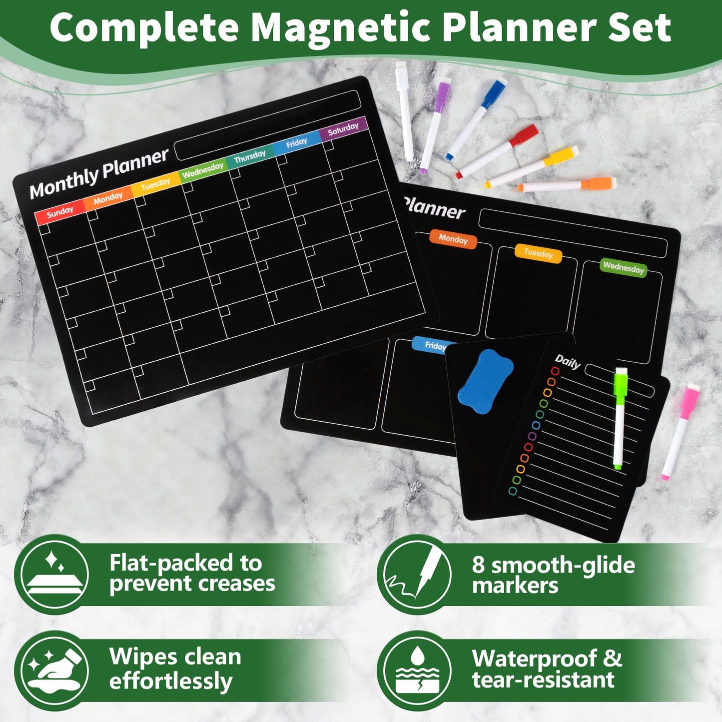 FINDMAG 4 Pack Magnetic Dry Erase Board Set, 16.5"x11.8" Magnetic Calendar for Refrigerator, Fridge Calendar Magnet, Black Weekly Planner Whiteboard for Fridge, Easy to Use with 8 Markers & Eraser