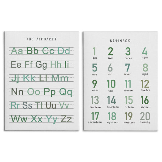 HRQKO Alphabet Numbers Nursery Canvas Wall Art Set of 2, Kids Room Decor Framed Art, Sage Green ABC Numbers Educational Posters Wall Decor for Classroom Toddler Nursery Bedroom Playroom, 11x14 inch