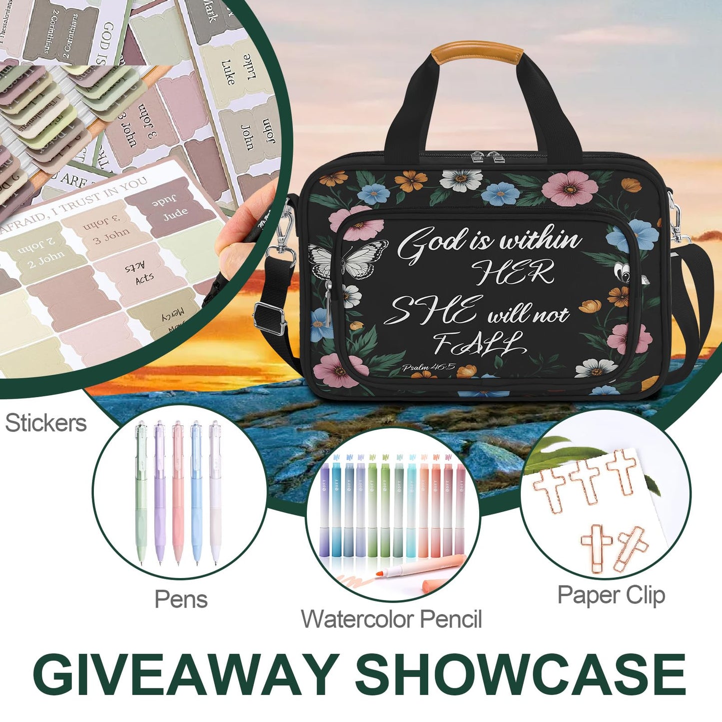 Butterfly Floral Bible Cover Case for Women,Large Boho Church Bag,Bible Bags for Women Organizer,Bible Study Supplies Journaling Kit Book Carrying Case with Bible Highlighters Shoulder Strap