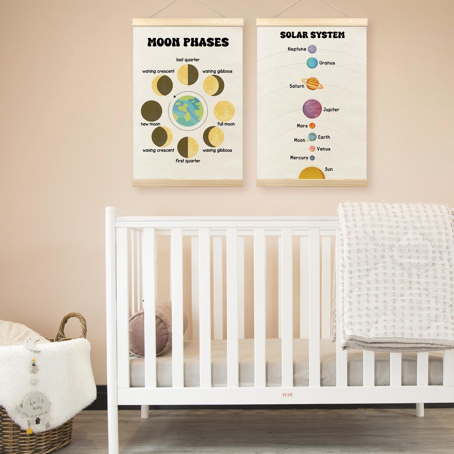 TLESKE Classroom Moon Phases Solar System Space Poster Hanger Frame Set of 2, Homeschool Hanging Wall Art Room Decor for Toddlers Kid Nursery Playroom, Preschool Prek Learning Educational Print, 16x24
