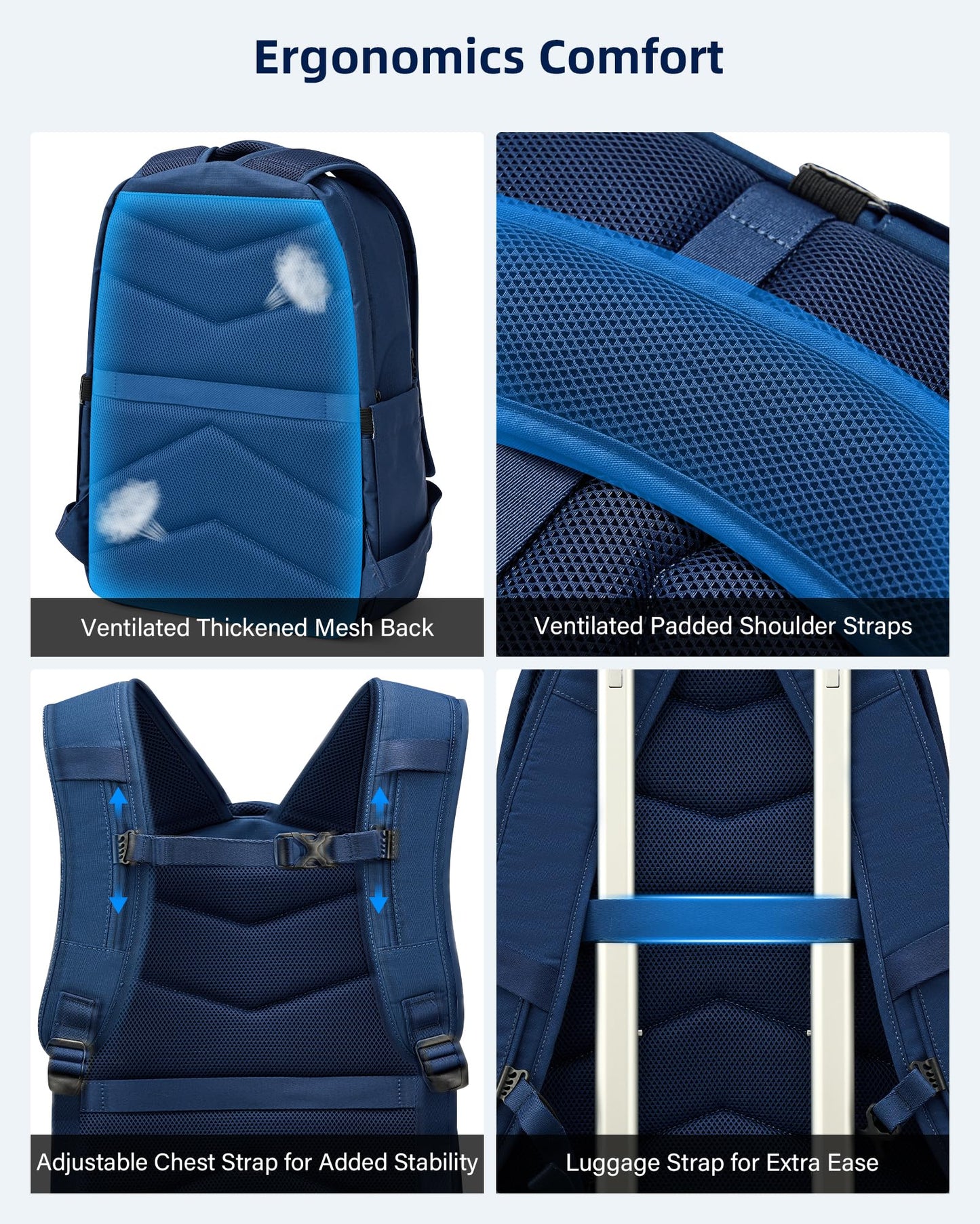 HanTrip Travel Laptop Backpack for Women Men, 18 Inch Large Work Backpack for Commuter College School Book Bags, Water Resistant Backpack with Luggage Strap Water Bottle Pocket Chest Strap, Navy Blue