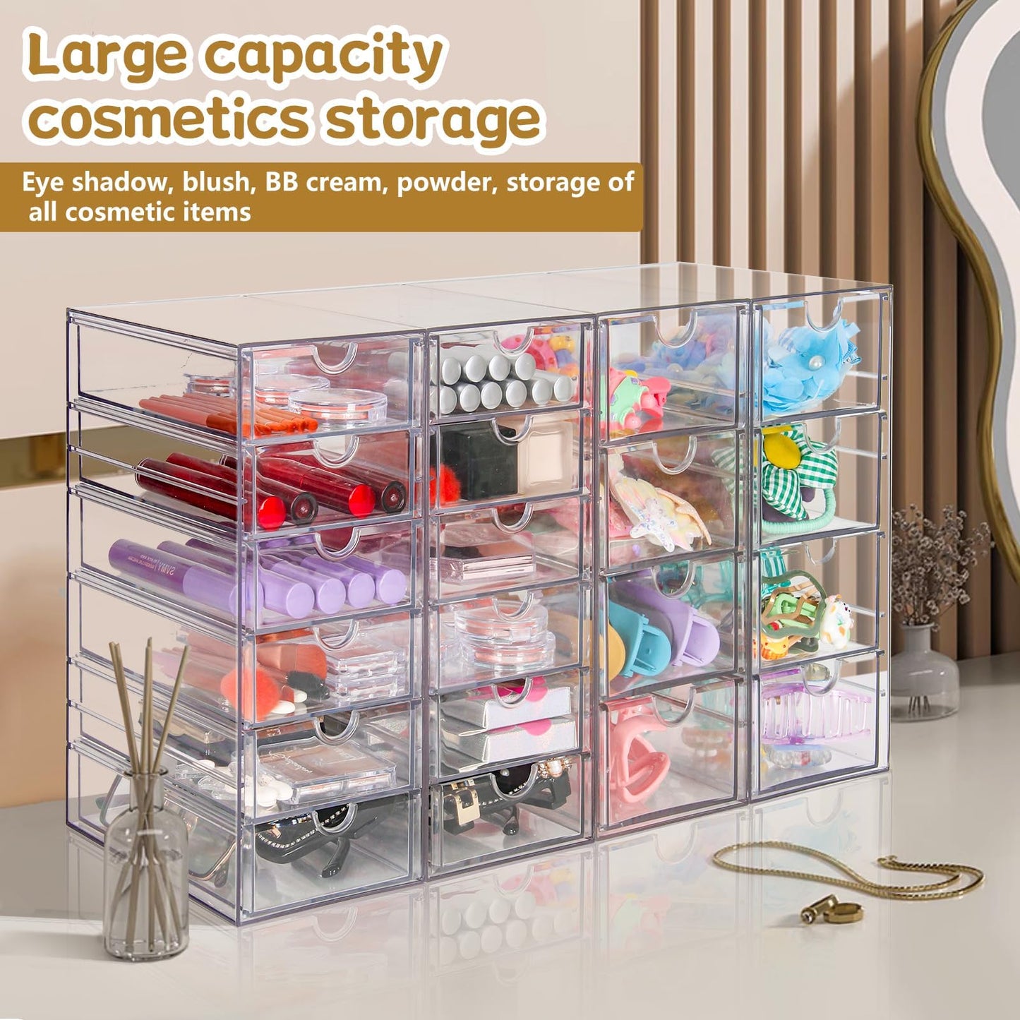 VZKAH Acrylic Organizer with Drawers | 20 Drawers 4 Sets | Desk Organizer and Storage, Clear Makeup Organization, For Office/Art Supply/Craft Storage and Organization