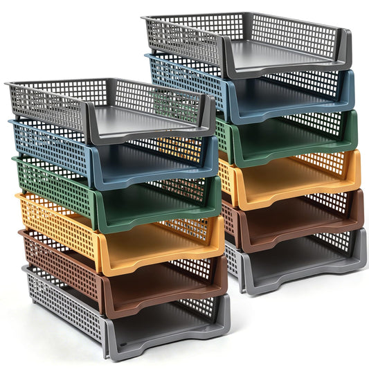 Geetery Set of 12 Plastic Trays for Teachers Turn in Trays Classroom Stackable Paper Tray Plastic Classroom Teachers Desk Letter Organizer Storage Baskets for Office, Desk, Home (Cottage Color)