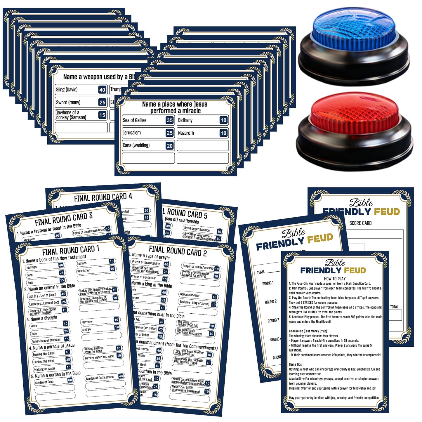 Christian Bible Family Feud Game with 2 Buzzers for Trivia Games, Religious Card Game Set for Church Groups, Easter Party & Family Game Night, Fun Bible Games for Adults and Family Team Building