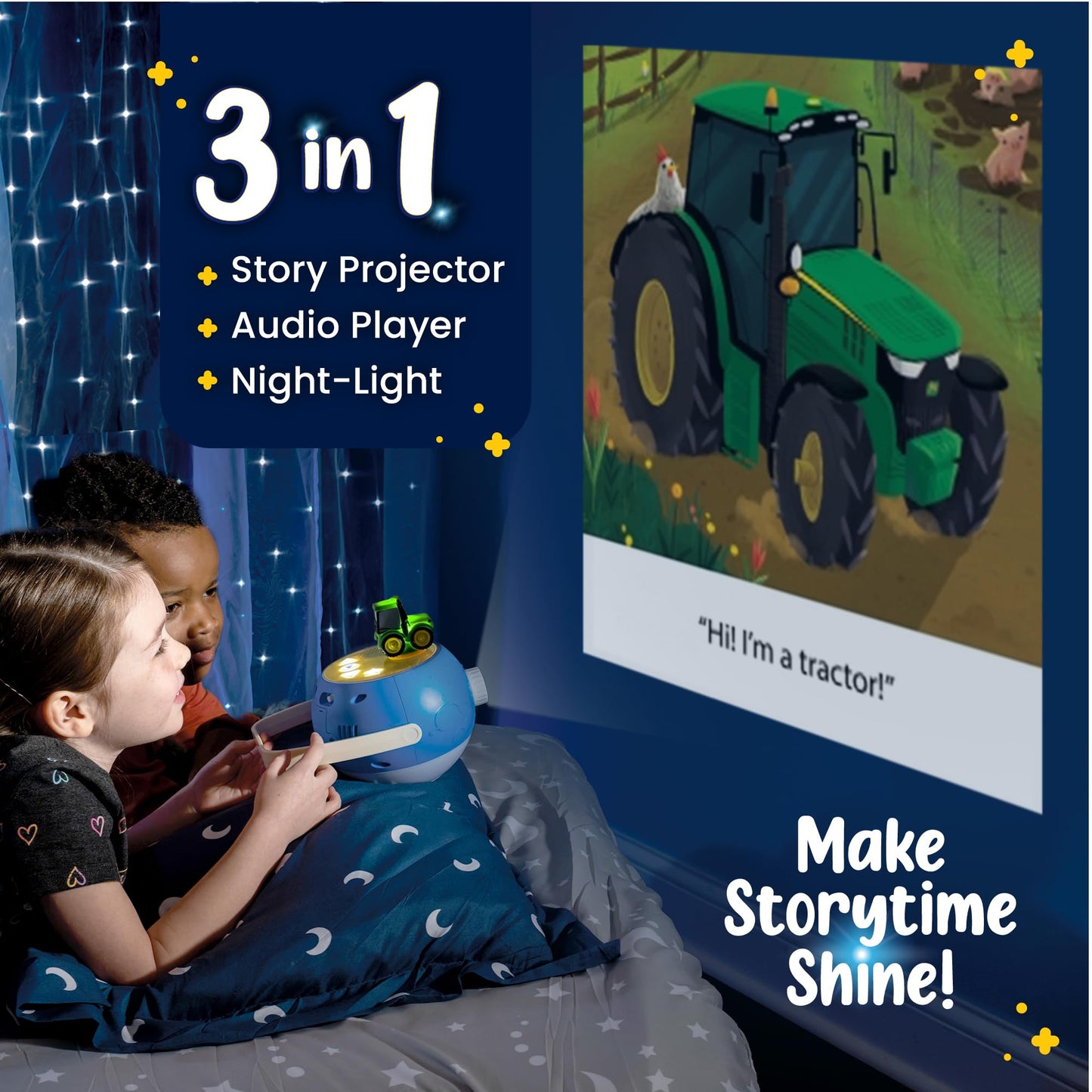 Kids Book Projector - 5 John Deere Tractor and 5 Classic Read-Aloud Stories, 10 Songs & Night Light & Soothing Dream Music | Children Ages 3+ Storytime Projector | Toys, Owl & John Deere Tractor