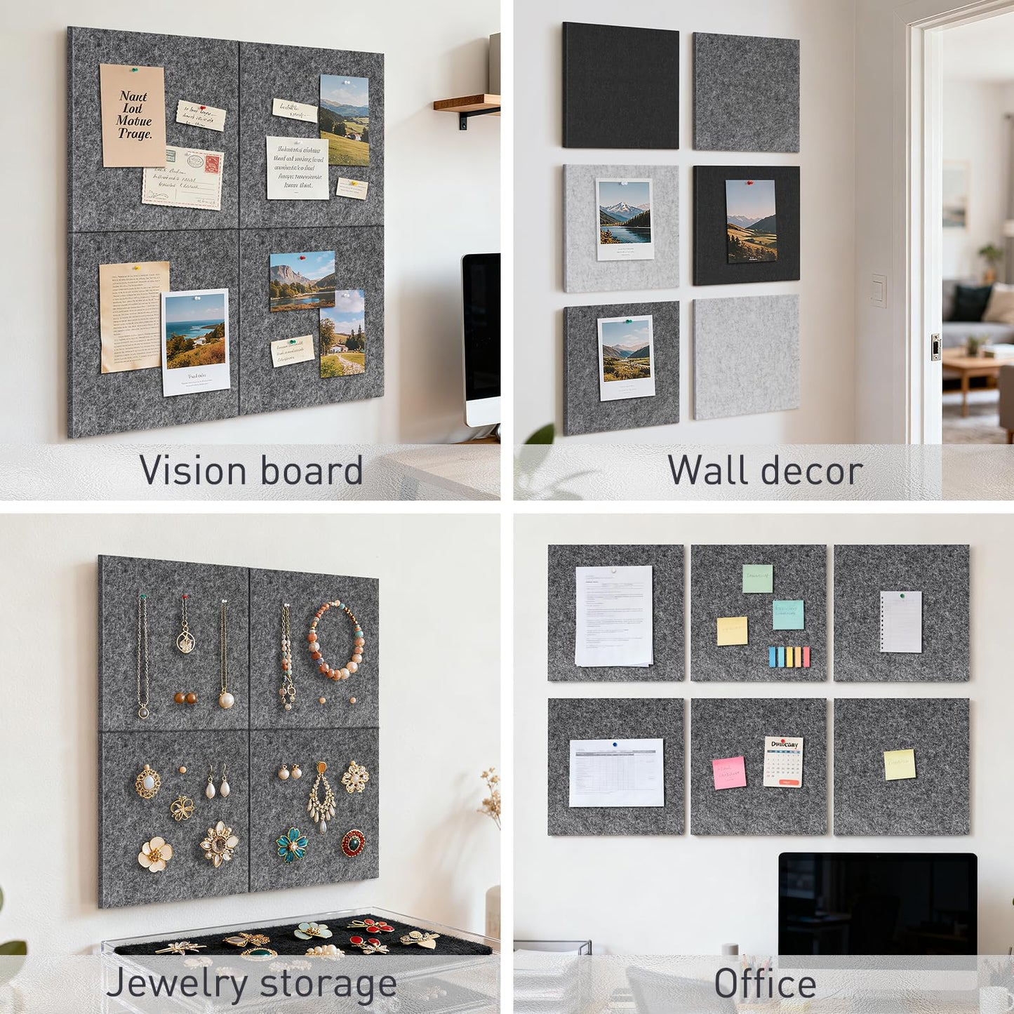 QUEENLINK Large Cork Board 36"x24", 6-Pack Self-Adhesive Felt Bulletin Board Tiles with 60 Push Pins, Square Felt Wall Panels Pin Board Tack Board Wall Organizer for Home Office Decor, Grey