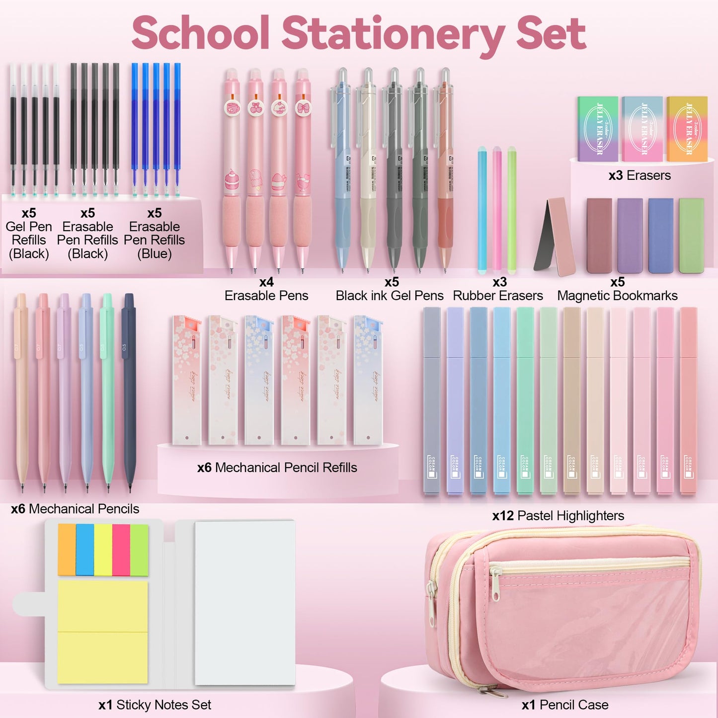 DazSpirit 61 PCS Aesthetic School Supplies with Cute Pencil Case, Pastel No Bleed Highlighters, Gel & Erasable Pens, Mechanical Pencils, Refills, Complete Essentials Stationery Kit for Students (Pink)