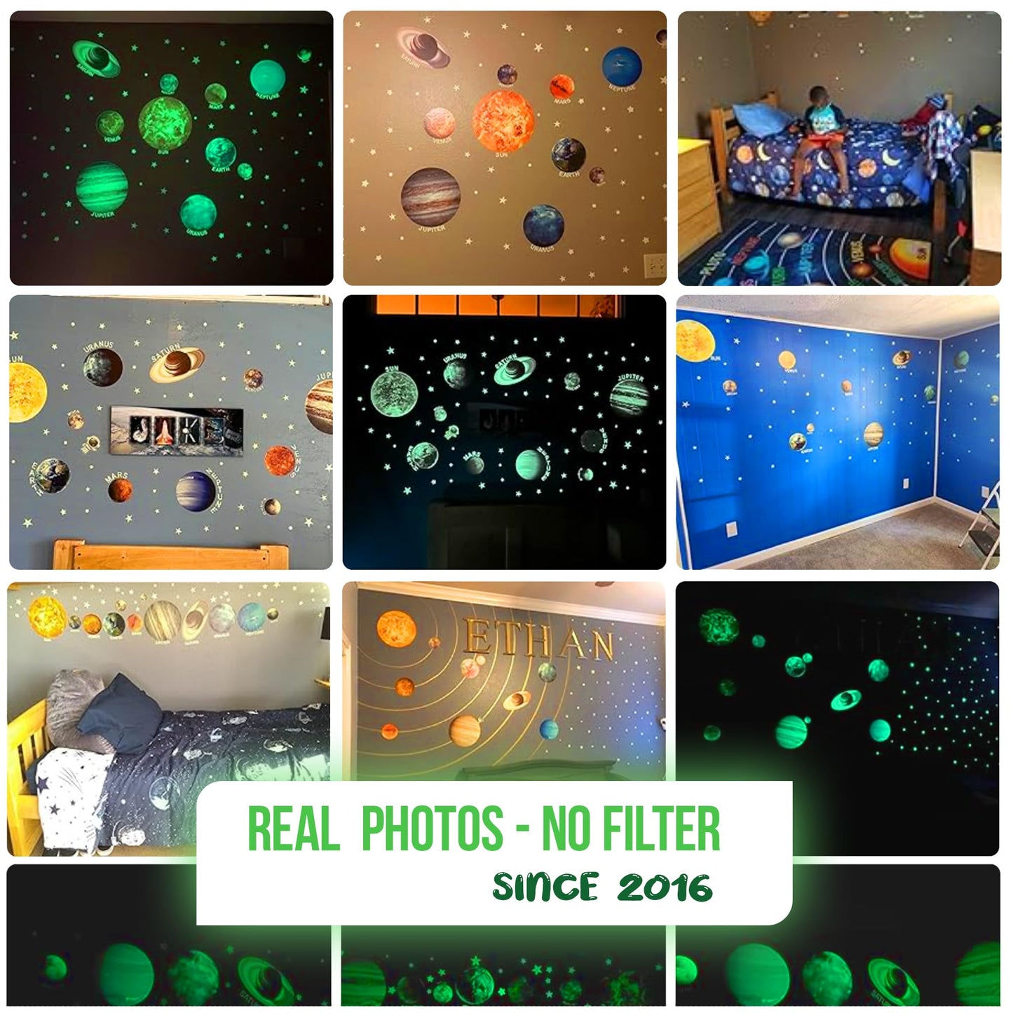 MAFOX Glow in The Dark Planets, Bright Solar System Wall Stickers -Sun Earth Mars and so on,9 Glowing Ceiling Decals for Bedroom Living Room,Shining Space Decoration for Kids for Girls and Boys