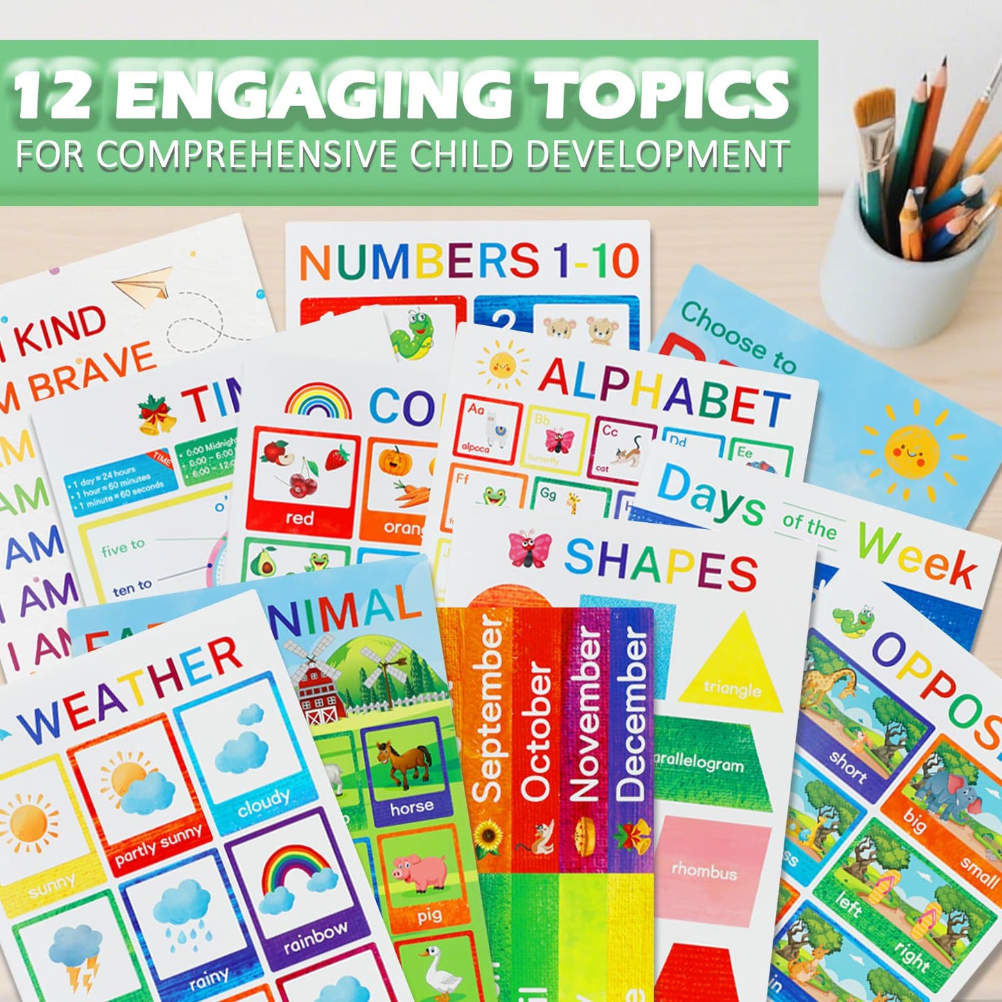 Educational Posters for Elementary Preschool Kindergarten Classroom Learning, Preschool Learning Posters for ABC Alphabet, Time, Number, Months,Colors, Weather, Animals, More, 16.5x11 Inch (12P Style B)