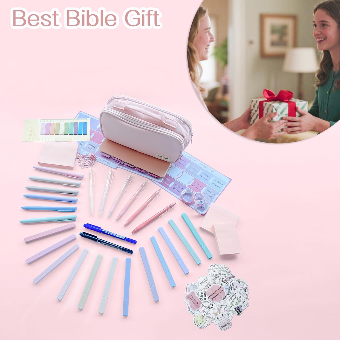 J6&H6 170Pcs Complete Bible Study Supplies Journaling Kit with Tabs, Highlighters and Color Pens, Notebook,Stickers & More Bible Accessories Set for Women, Beginner Christian Gifts(Pink)