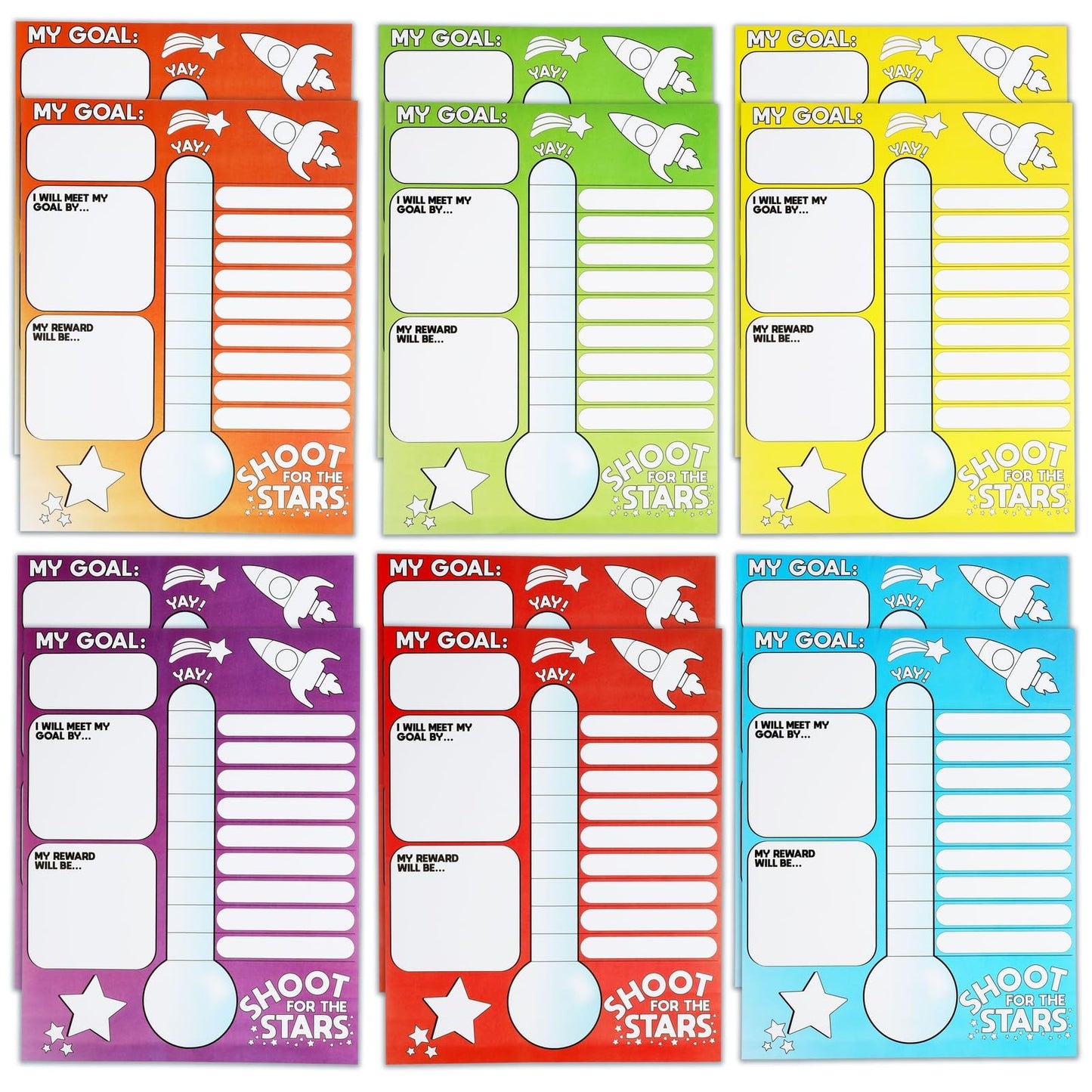 Goal Thermometer Trackers for Classrooms, 12 Pack, 6 Colors (17 x 22 in)
