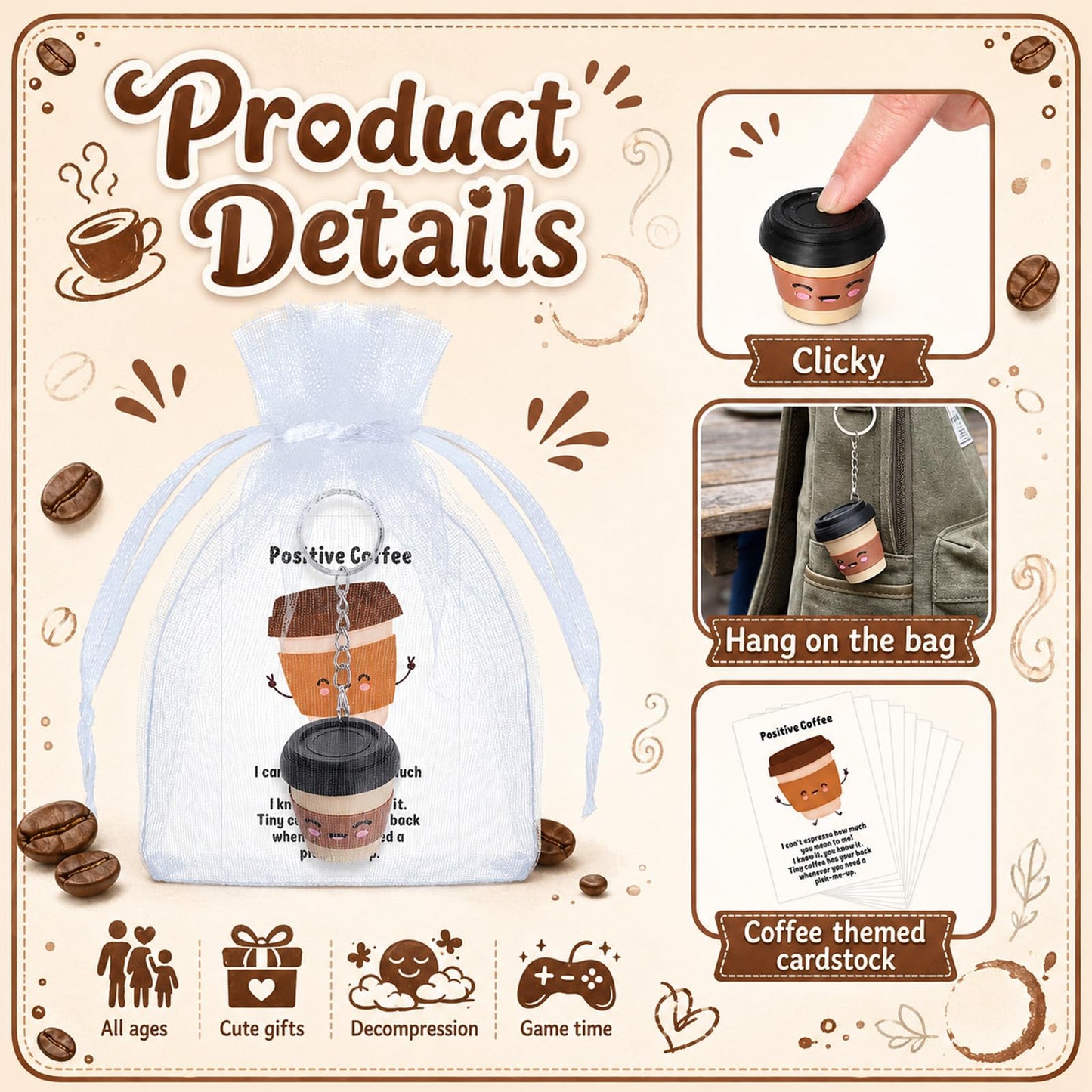 Junkin 24 Set Coffee Cup 3D Printed Clicker Fidget with Cards- Stress Relief Key Rings Luggage Backpack Charm Coffee Lover Gifts for Women, Coworkers, Office, Graduation Party Favors