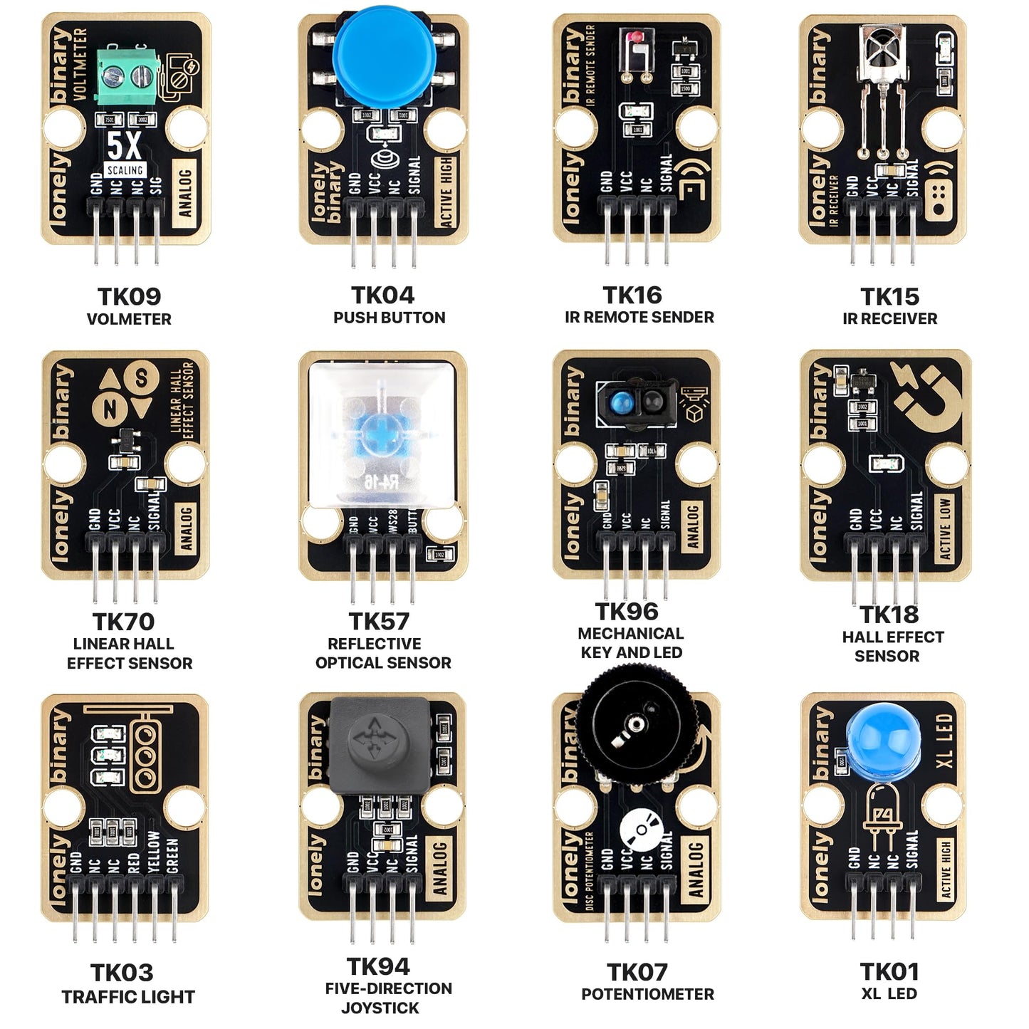 Lonely Binary 46-Piece Sensor Module Kit for Arduino, ESP32, Raspberry Pi Pico - Gold Edition with OLED, LED Matrix, 7-Segment Display, Lead-Free ENIG | STEM Learning DIY Starter Kit with Tutorials