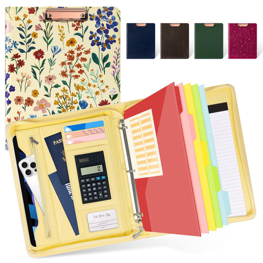 Ospelelf Leather Clipboard Binder with Storage - 3 Ring Zippered Padfolio Portfolio Folder - Calculator, 12.1” Tablet Sleeve, 5 Dividers with Pocket, Refillable Notepad, Card Slot (Floral)