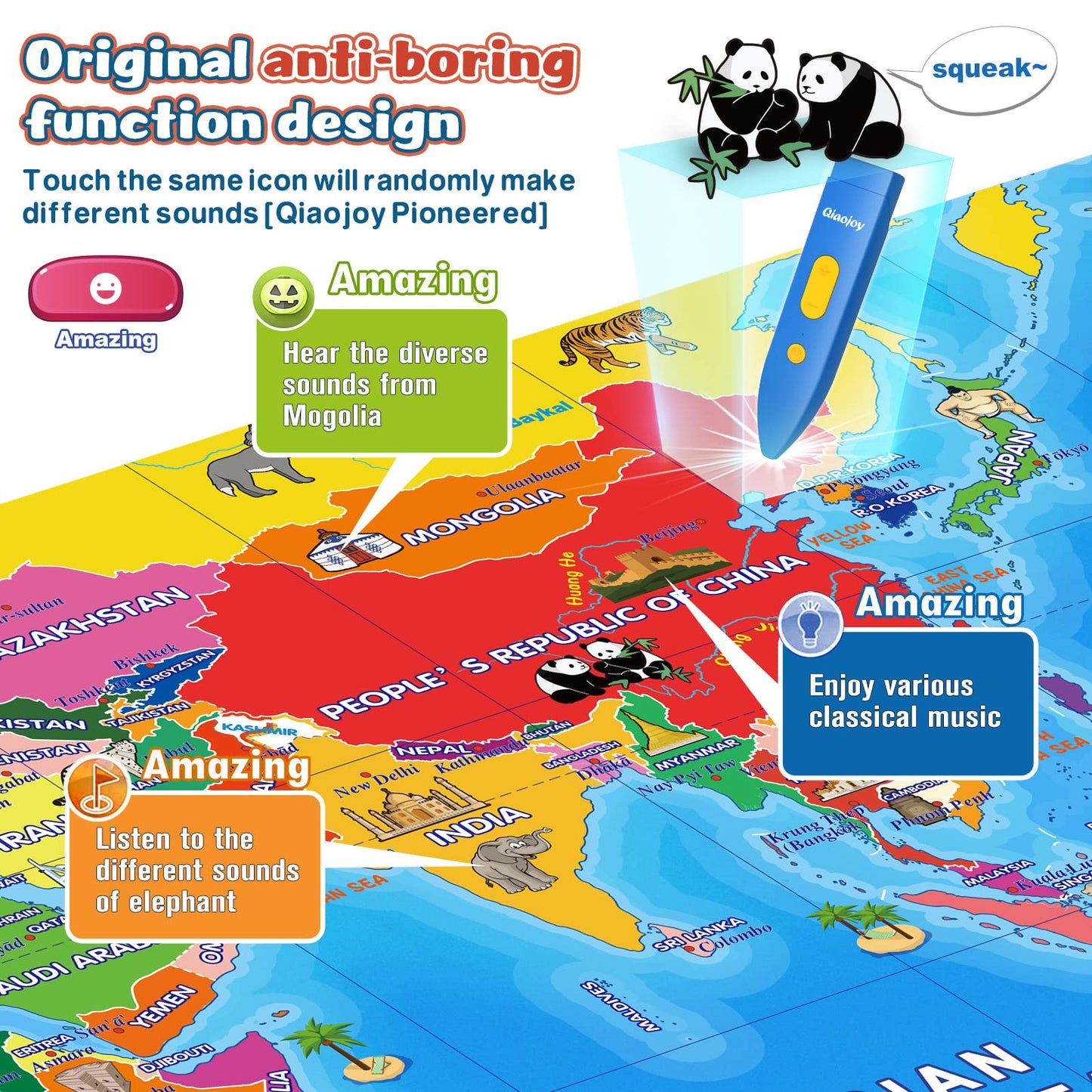 Qiaojoy Bilingual Interactive World Map for Kids Learning and Educational Toys, Talking Electronic Kids World Map i-Poster Geography Games Ages 3 to 12 Years Old, Custom Talking Birthday Gifts Card