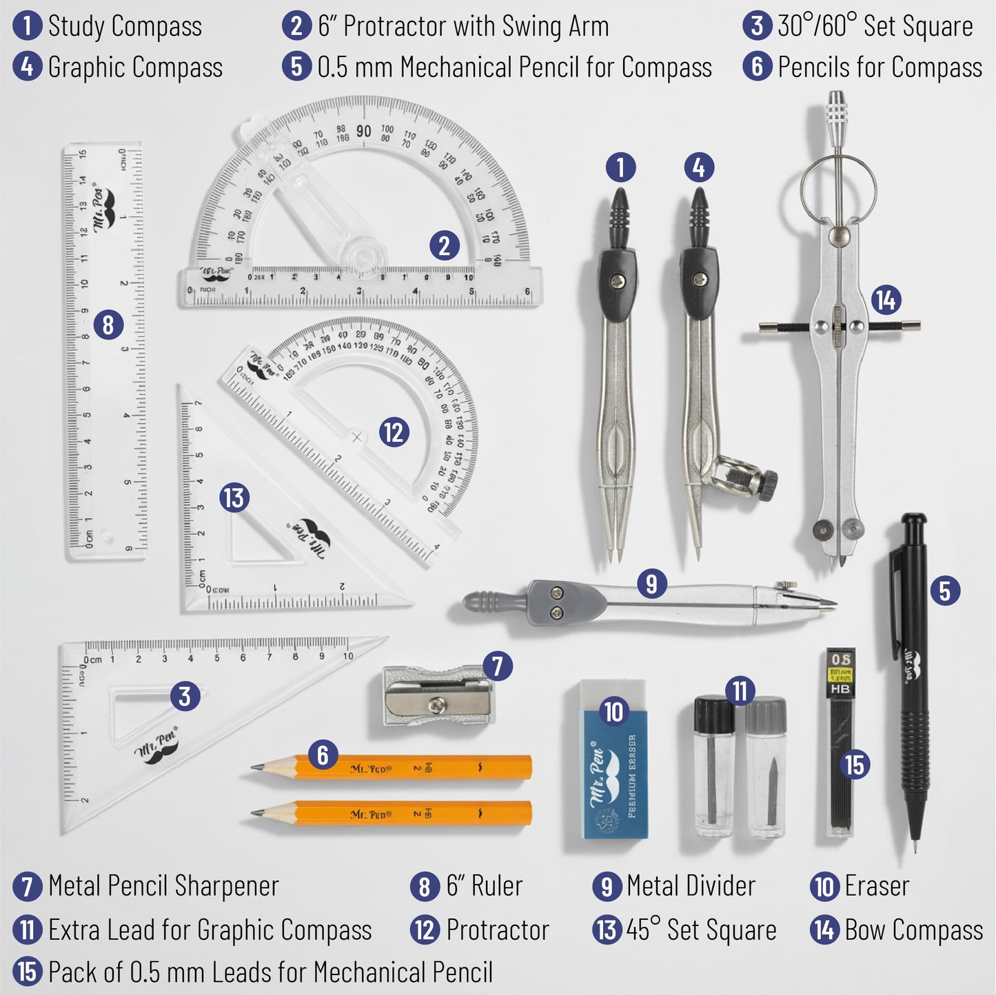 Mr. Pen Geometry Set with 6 Inch Swing Arm Protractor, Divider, Set Squares, Ruler, Compasses and Protractor, 15 Piece Set
