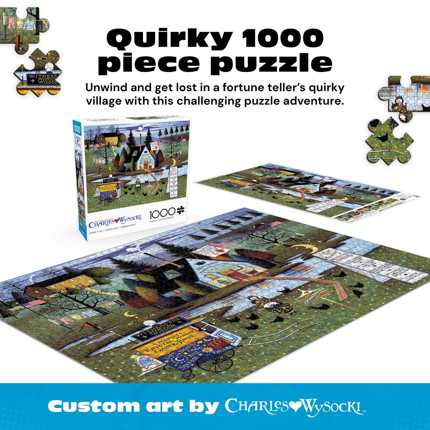 Buffalo Games Charles Wysocki - Know It All - 1000 Piece Jigsaw Puzzle - 26.75 x 19.75 in, Poster Included - 1000 Piece Puzzle for Adults - Folk Art Village Scene - Recycled Board