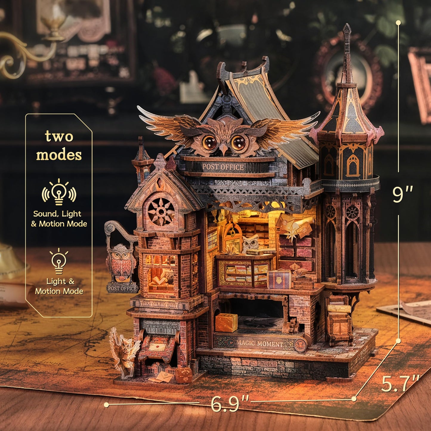 FUNPOLA LED 3D Wood Puzzle Owl Post Office, Dynamic Model with Mechanical Gears, DIY Miniature Kit with Music and LED Lights, Home Décor Gift for Adults and Teens