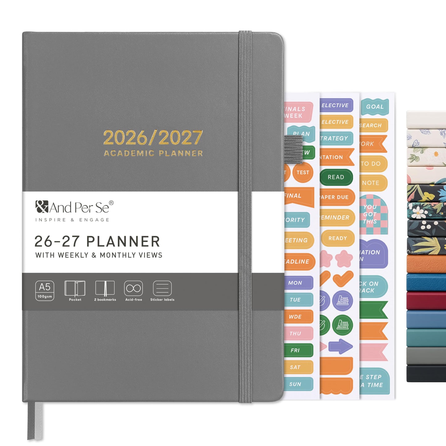 And Per Se Academic Planner 2026-2027 – Weekly & Monthly Planner, July 2026 to June 2027, A5 Leather Hardcover with Inner Pocket – Student & Teacher Organizer, 5.7" x 8"(Grey)