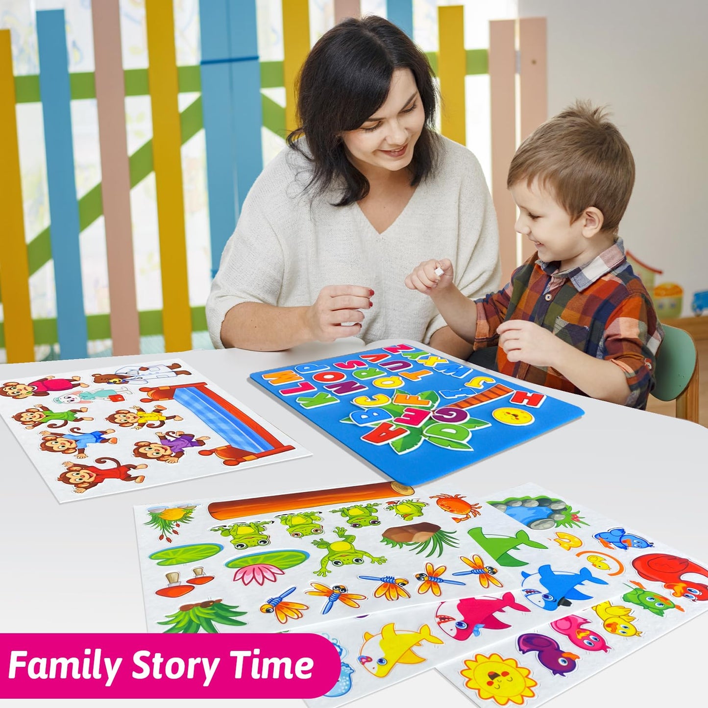5 Set Felt Board Stories Pieces for Toddlers，1 Flannel Board With 5 Little Ducks,5 Little Monkeys Jumping on The Bed,5 Green Speckled Frogs,Baby Shark,26 letters for Preschool Learning Activities