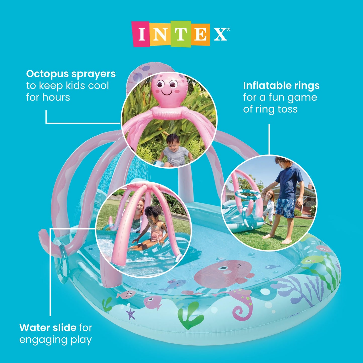 INTEX Friendly Octopus Inflatable Kiddie Pool: Inflatable Kids Pool with Water Sprayer and Slide – Splash Pad – 92" x 72" x 59" – Ages 3+