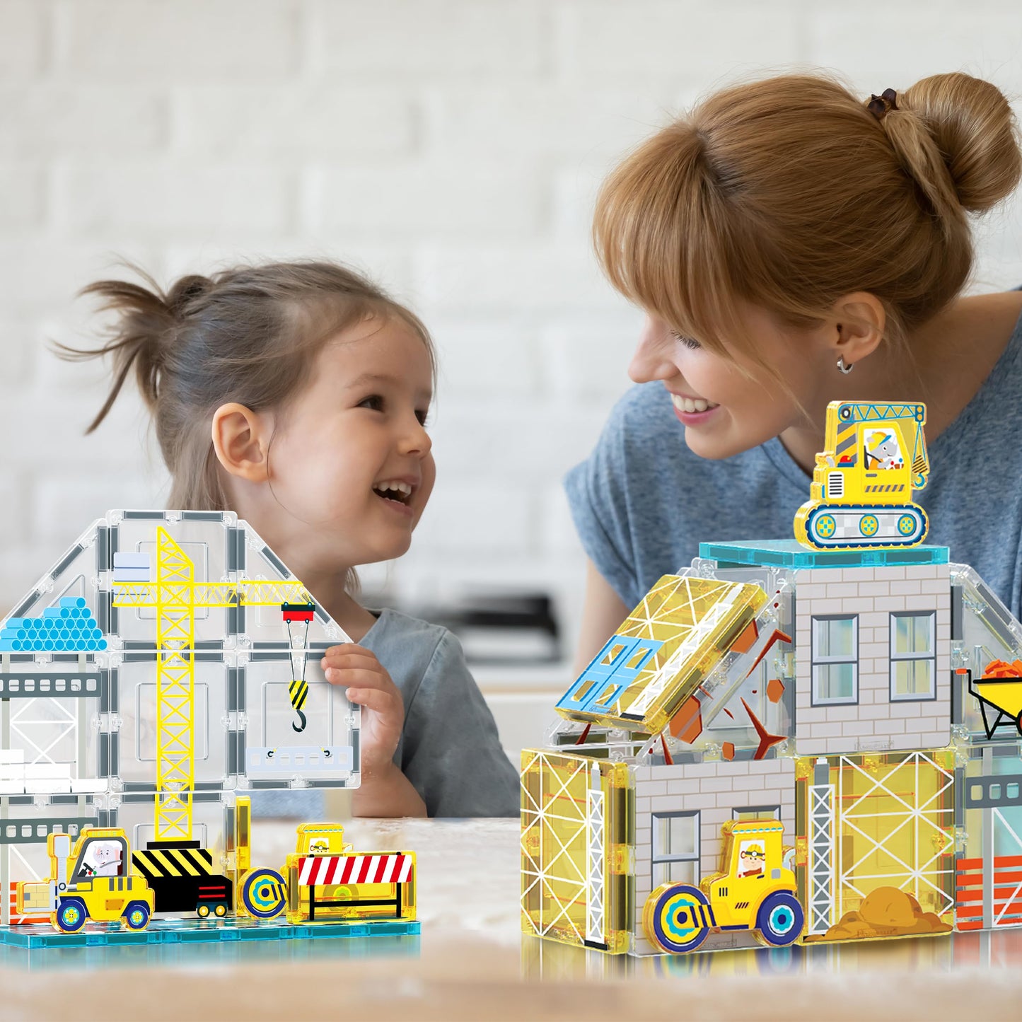 PicassoTiles Magnet Tiles Magnetic Building Blocks with 8 Construction Vehicles Crank Truck Excavator Bulldozer Road Roller Concrete Mixer Tractor Dump Truck Forklift Toys Learning Kids Ages 3+ PTQ11