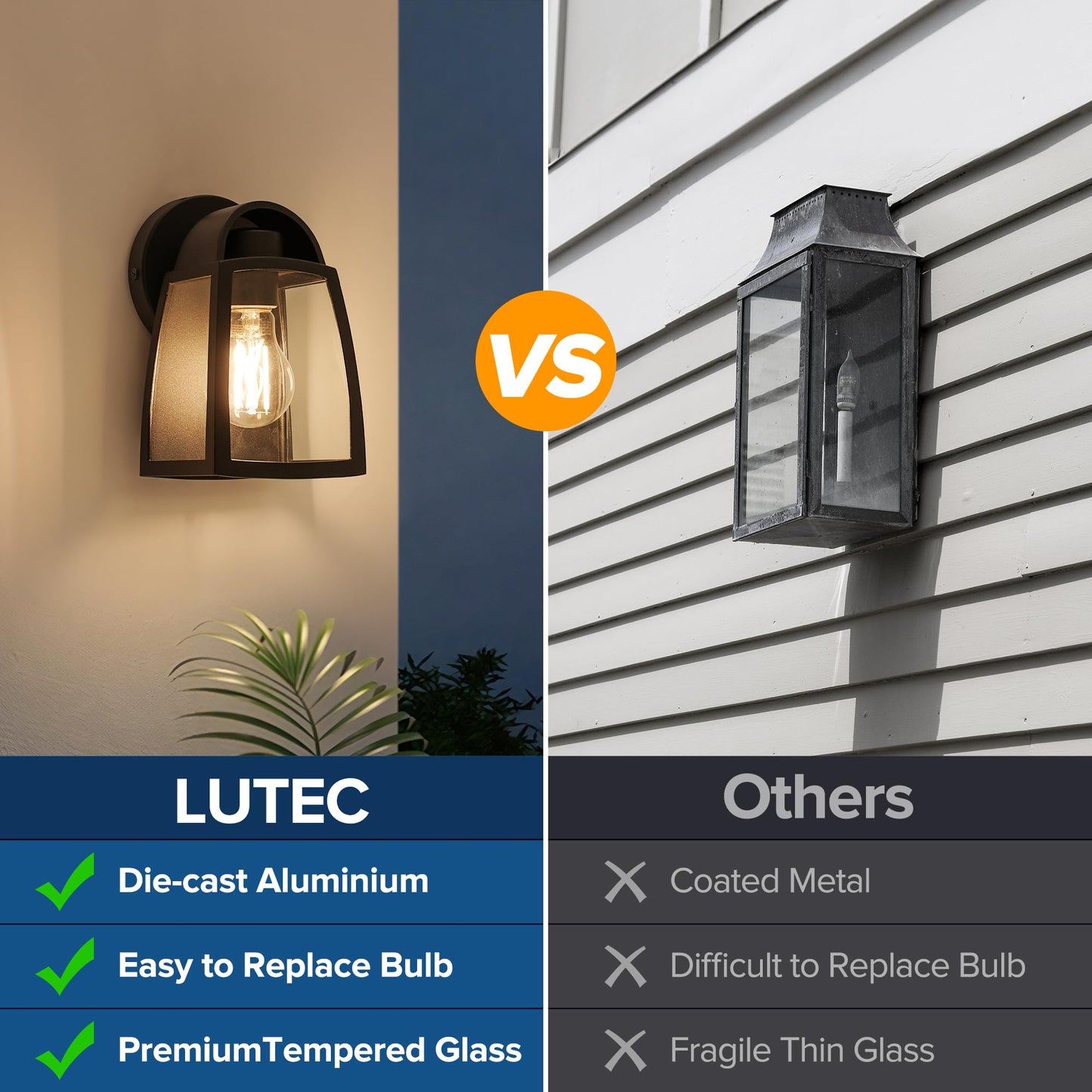 LUTEC Outdoor Wall Light Fixtures, Waterproof Aluminum Sconce, Modern Matte Black, Clear Glass Shade, 2 Pack