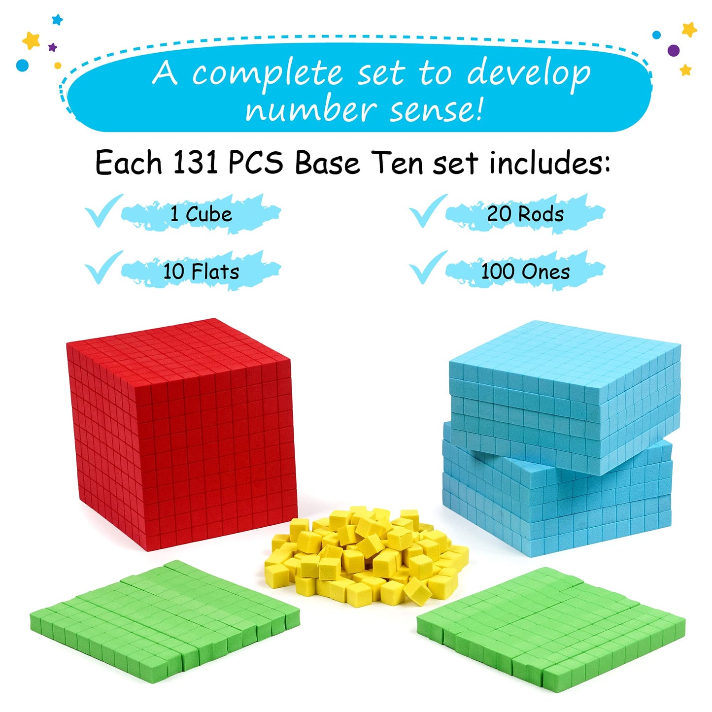 Simply magic 131 PCS Foam Base Ten Blocks for Math - Place Value Blocks, Base 10 Math Manipulatives K-3, Math Counters, Number Blocks, Math Cubes, Counting Blocks - Kindergarten 1st 2nd 3rd Grade