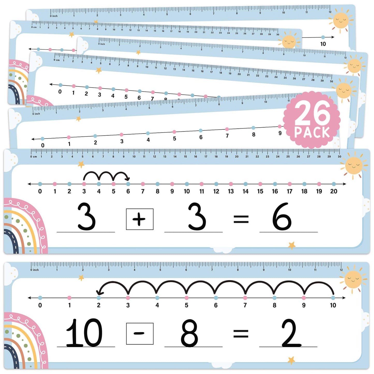 26 Pack Boho Number Line Dry Erase Boards Cards, 14"x4", Double-Sided, 0-10 on One Side & 0-20 on Other Side, Math Manipulatives for Student, Education Classroom Must Haves