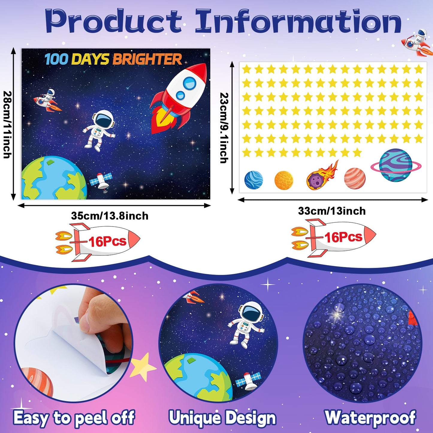 CHUNNIN 32Pcs 100 Days of School Space Scene Sticker Fun Vivid Solar System Astronaut Poster and Space Theme DIY Craft Sticker Outer Space Build a Scene Crafts for Classroom Activity Supplies