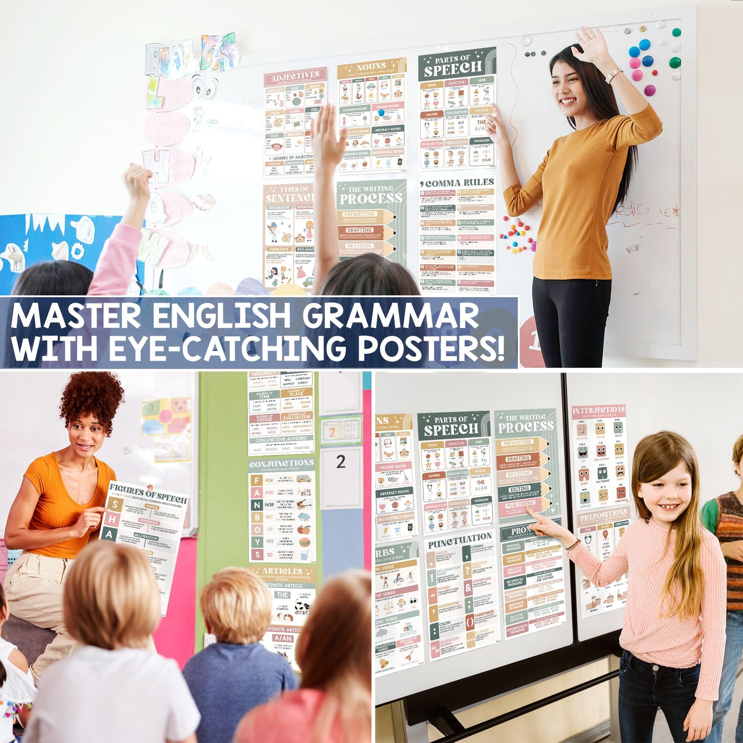 15 Pcs Boho Parts Of Speech Posters For Classroom (11"x17") English Grammar Classroom Posters, ELA For Middle School, English Wall Art, Nouns, Pronouns, Writing Process, Type of Sentences - UNFRAMED