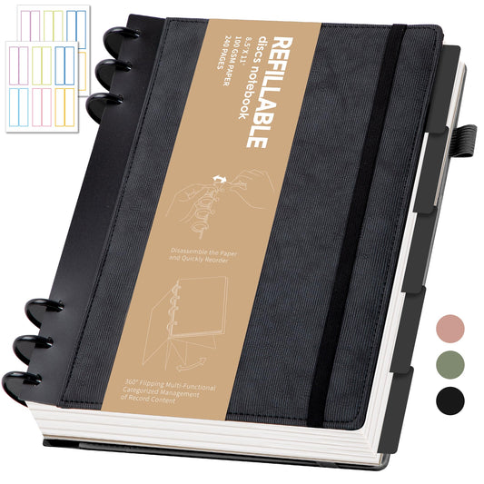 Yoment Refillable Notebooks for Work 5 Subject with Removable Dividers Tabs 240 Pages Hardcover Leather Journals for Writing Large Discbound Planner Colleged Ruled Paper for Men 8.58 x 11,Black
