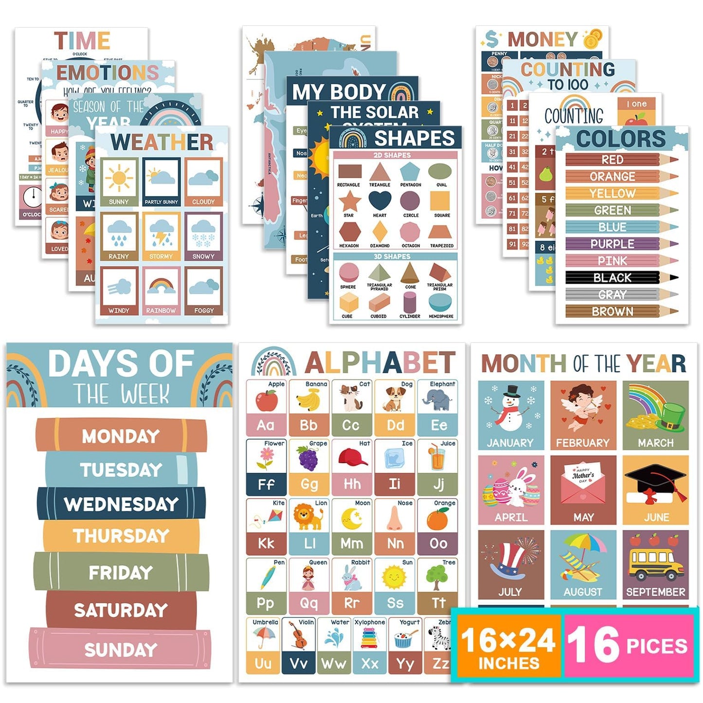 16 Pcs 16”x24” Large Educational Posters for Classroom Decor-Educational Posters for Toddlers 1-3 Learning Poster for Boys Girls Ages 3-5,Kindergarten Preschool Classroom Teacher Must Haves Chart Boho