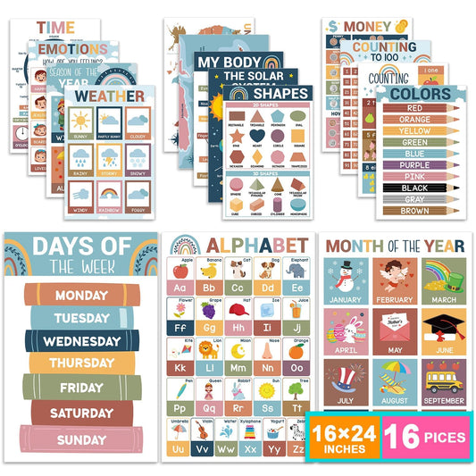 16 Pcs 16”x24” Large Educational Posters for Classroom Decor-Educational Posters for Toddlers 1-3 Learning Poster for Boys Girls Ages 3-5,Kindergarten Preschool Classroom Teacher Must Haves Chart Boho