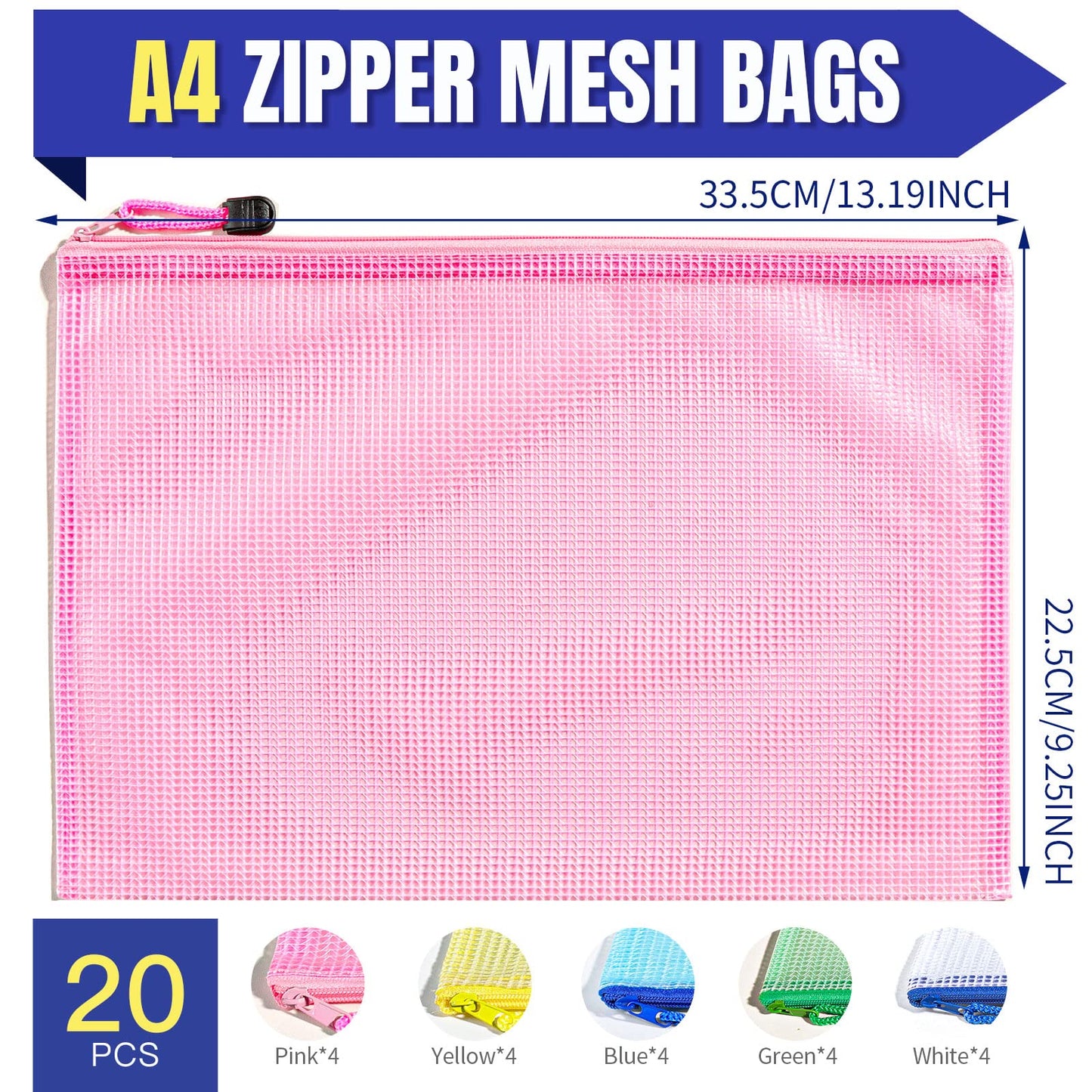 LEOBRO 20PCS Zipper Pouch, A4 Mesh Zipper Pouch Bags, Waterproof Bag, Mesh Bags for Classroom Organization, Toy Storage, School Supplies, Travel Essentials, File Jackets & File Pockets