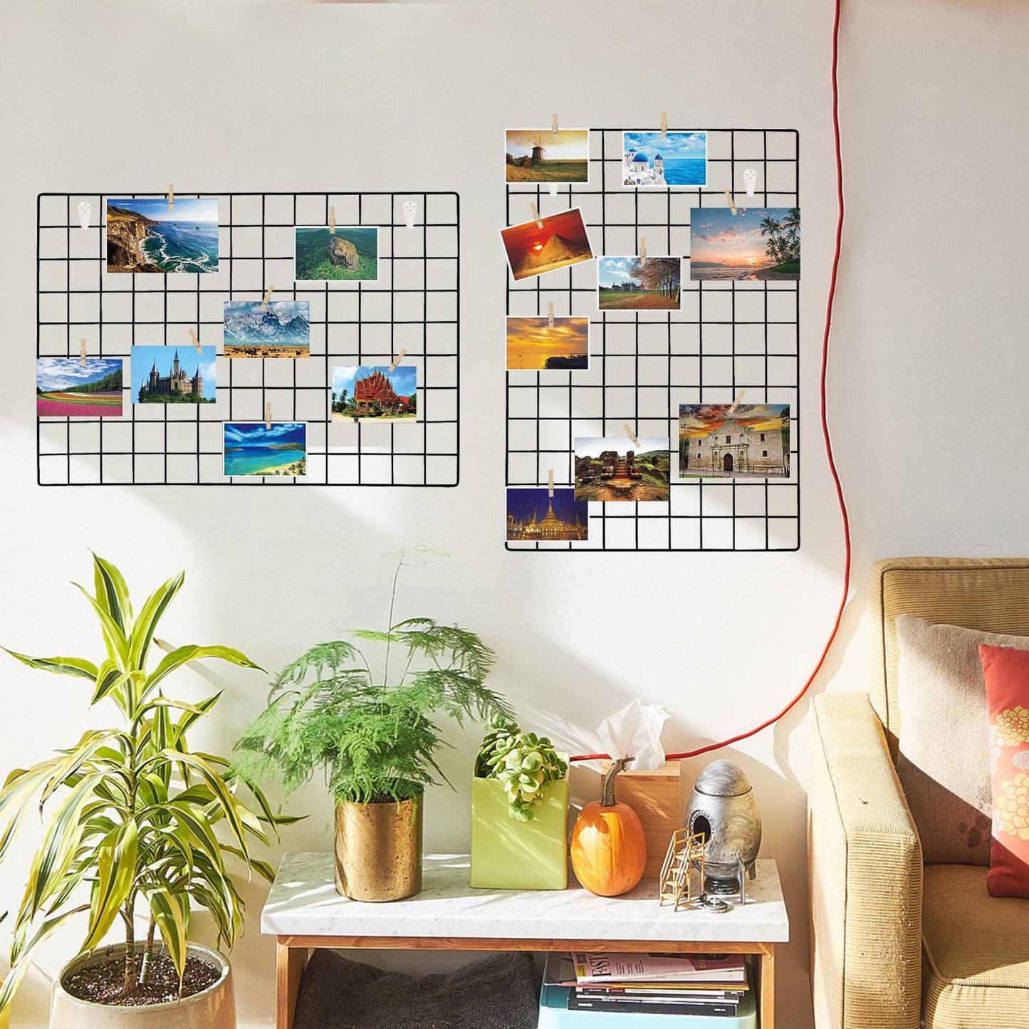 GBYAN 2 Pack Large Wall Grid Panels with Light and Clips, Photo Display Board, Picture Frame Collage Board, Wire Grid Wall Panel Room Decoration,Black