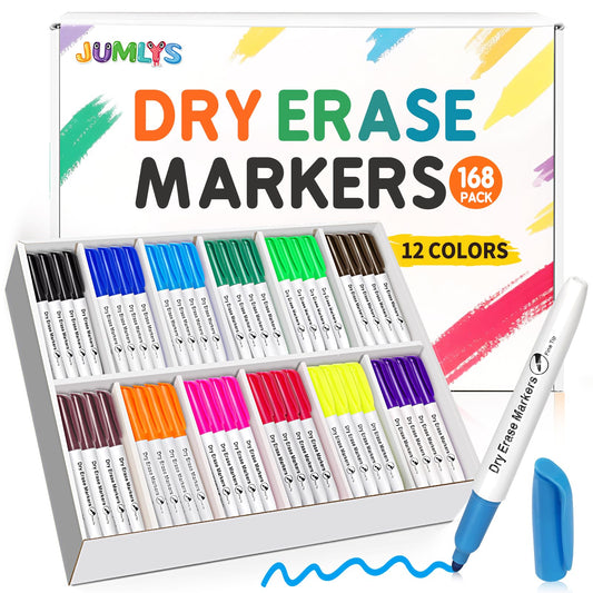 Jumlys 168 Pack Fine Tip Dry Erase Markers, Bulk Whiteboard Erasable Markers in 12 Colors, Ideal for School Classroom Office Supplies, Non-Toxic & Easy Clean for White board