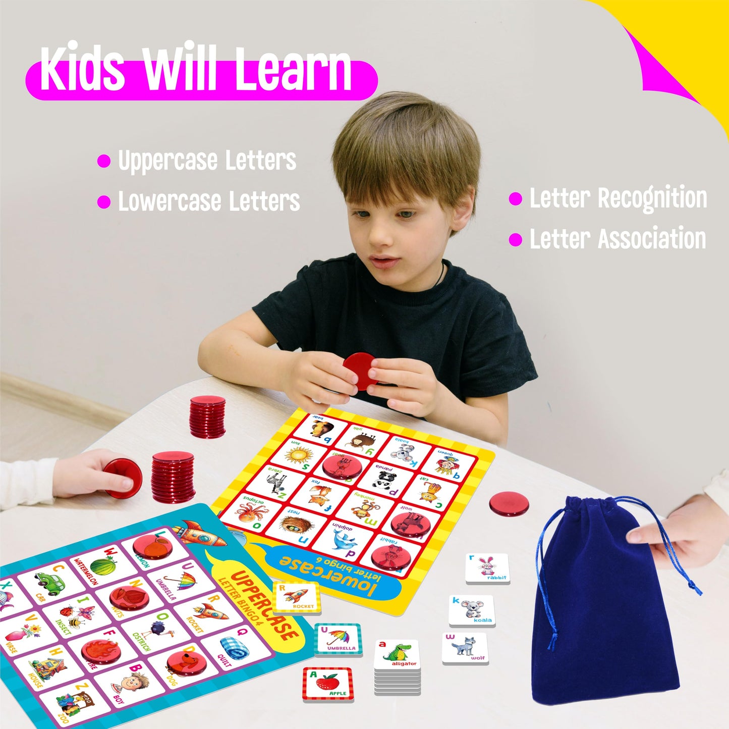 SpriteGru Alphabet Bingo Game, Uppercase/Lowercase/First Words Bingo Educational ABC Letter Learning Board Game for Kindergarten and Preschool Kids Aged 4+, Perfect for Classroom & At Home