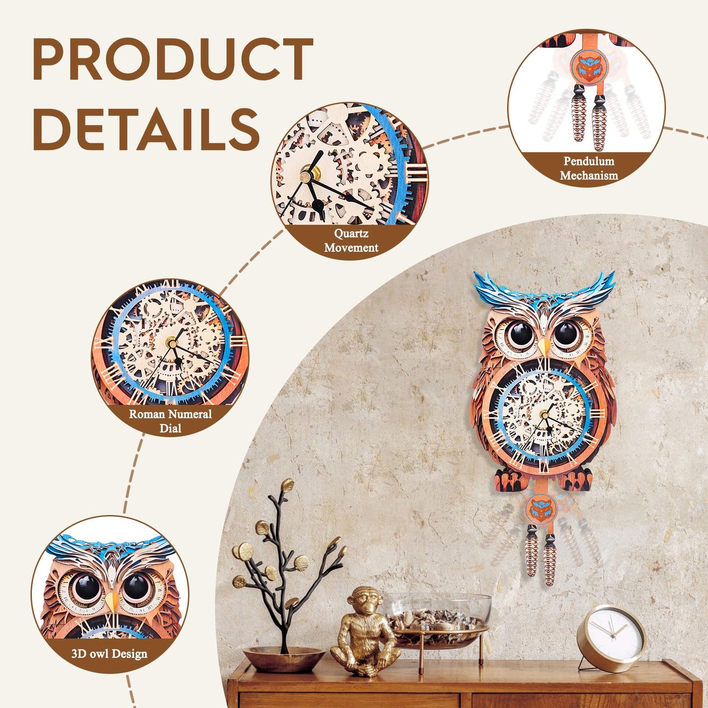 Cutywood 3D Puzzle for Adults-Wooden Owl Clock for Room Decoration, DIY Build Mechanical Wall Clock with Roman Numerals, Personalized Gift for DIY Lovers