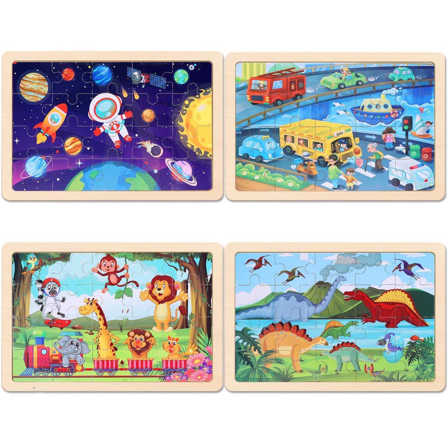 Wooden Educational Jigsaw Puzzles for Preschool Kids Ages 3-5, 4-Pack with 20 Pieces Dinosaur, Space, Transportation Wood Puzzles Set, Toddler Brain Teaser Toys, Gifts for Boys Girls Ages 3 4 5 6