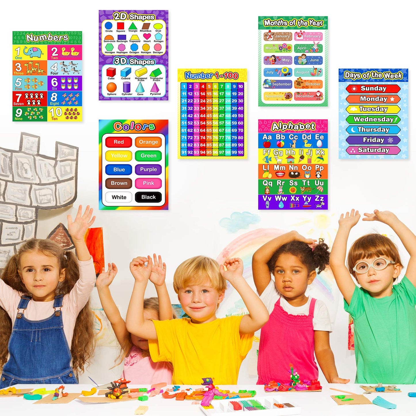Outus Extra Large Preschool Educational Learning Posters 17 x 22 Inch Nursery Home School Pre-K Kindergarten Classroom Decoration(4 Pcs,Alphabet, Number 1-10, Shapes, Colors)