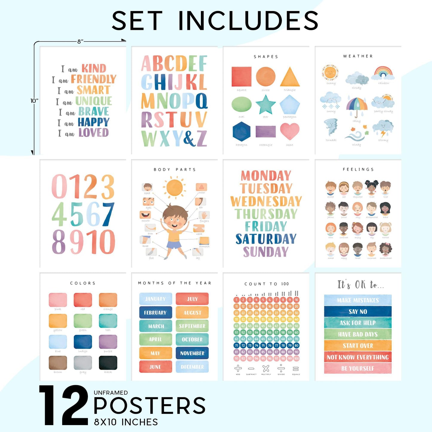 BigWig Prints Educational Posters for Toddlers - Learning Posters for Toddlers 1-3, Montessori Room Essentials, Montessori Wall Decor, Learning Signs for Wall, Preschool - Unframed Set of 12 (8x10)