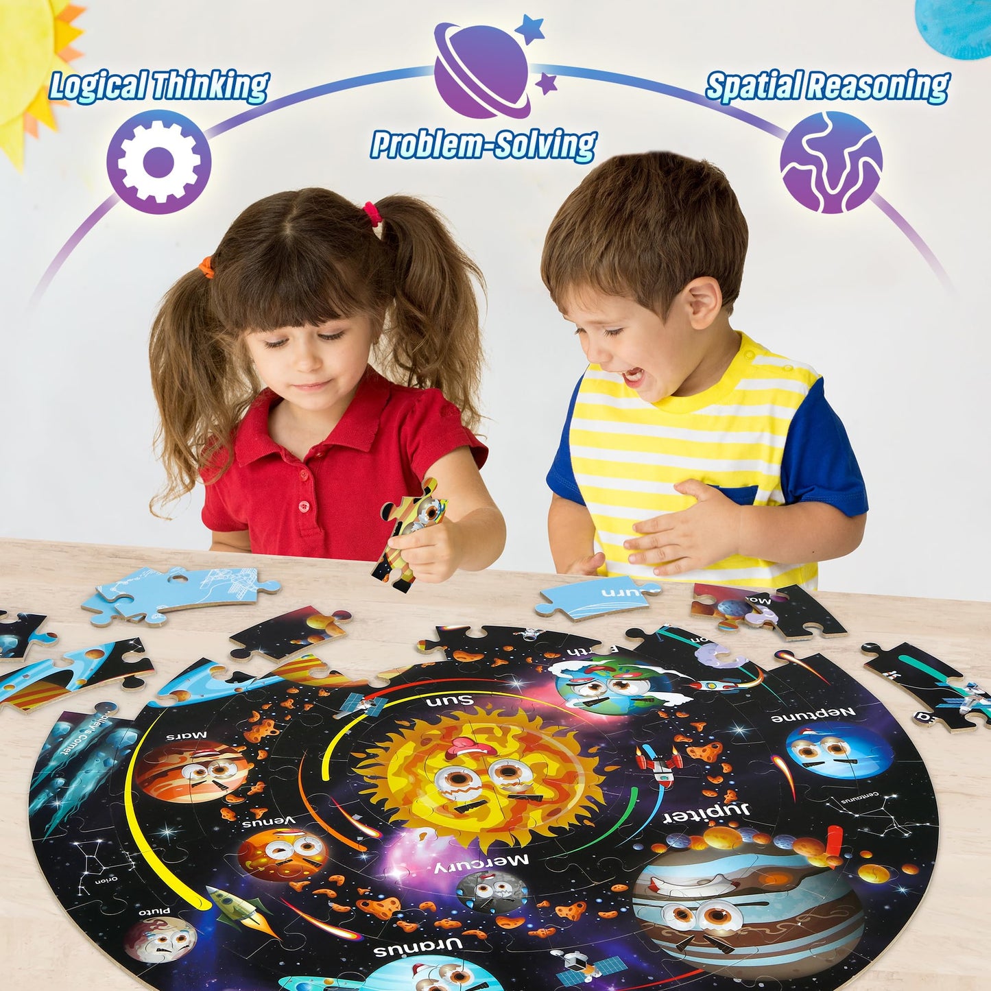 SYNARRY Solar System Floor Puzzles for Kids Ages 4-8, Large 70 Piece Jigsaw Puzzles for Kids Ages 4-6, Space Planet Astronaut Toys Puzzles, Preschool Learning Toys, Easter Basket Stuffers for Boy Girl