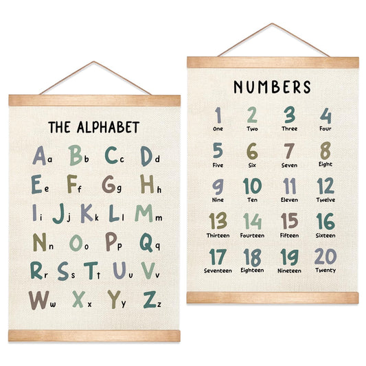 HEYJEEPER Alphabet and Numbers Learning Posters Set of 2,18.5x14 Inch Linen&Canvas Educational Wall Art with Wood Hanger, ABC 123 Chart for Toddlers Classroom Nursery Playroom Decor (Colored Font)