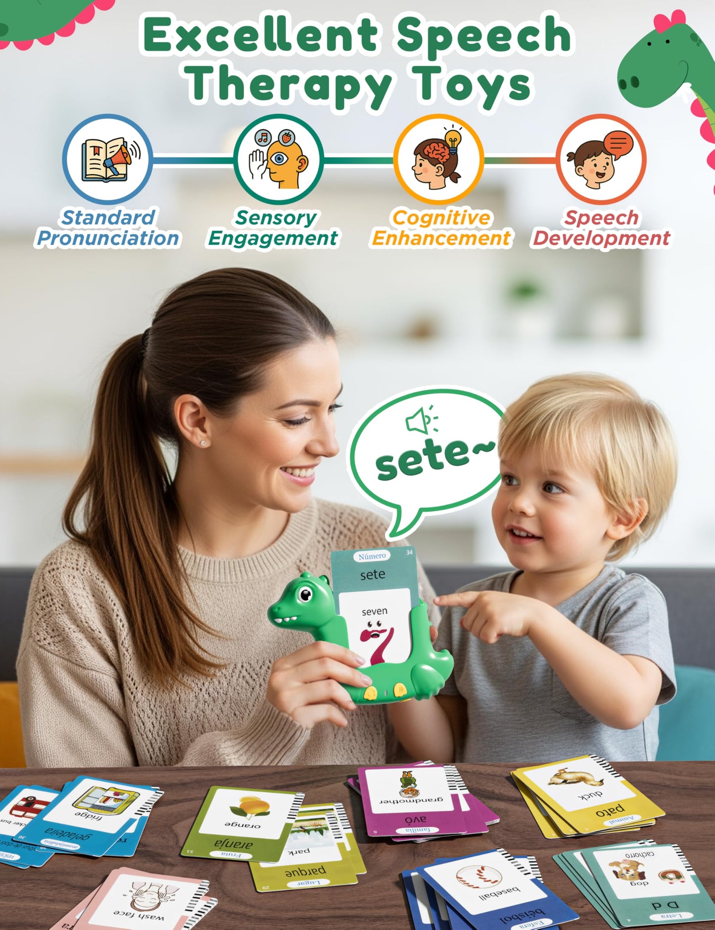 Portuguese and English Talking Flash Cards for Kids, 510 Sight Words Bilingual Learning Toys for Toddlers, Brazilian Portuguese Alphabet Flashcards Pocket Speech Therapy Toys, Dinosaur Shaped