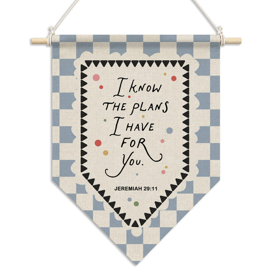 RUKUPA Christian Wall Art Decor, Bible Verse Hanging Pennant Flag, for I Know the Plans I Have for You Religious Checkered Wall Art Poster Hanger for Home Bedroom Kids Nursery Room Decor, 11x15 Inch