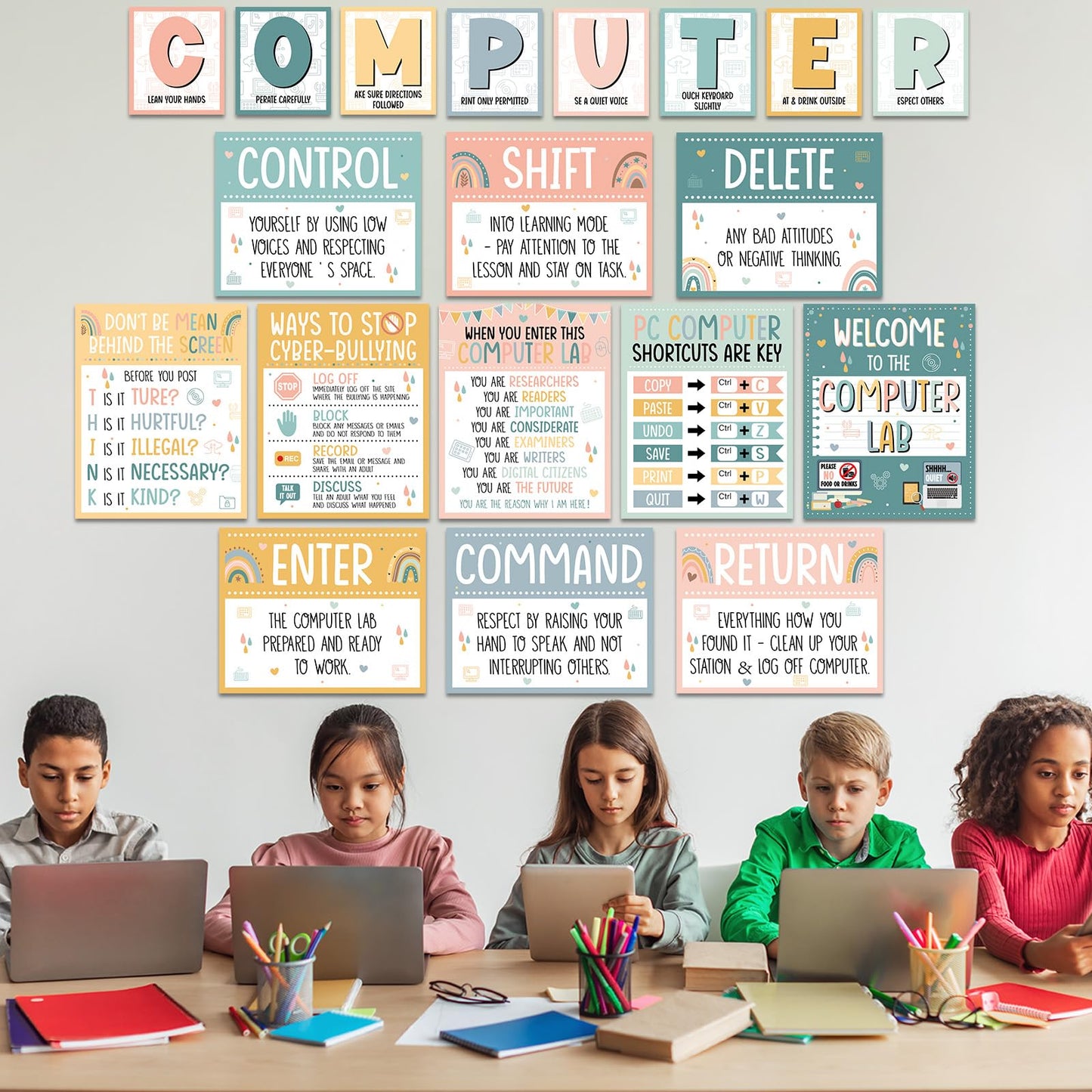 Computer Lab Poster Computer Science Posters Boho Classroom Rules Decorations Inspirational Technology Digital Keyboard Shortcuts Education Chart PC Decor Wall Art Back to School Teacher Supplies