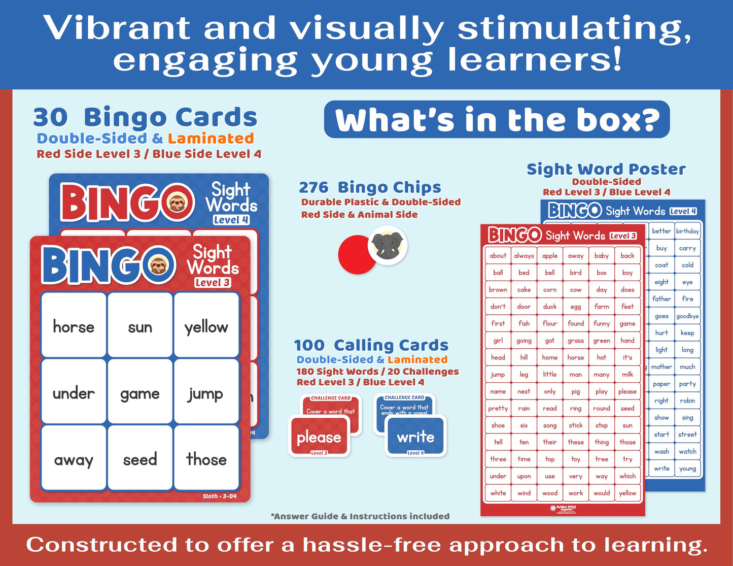 Bright Seed Sight Words Bingo Game for Kindergarten, Learn to Read Sight Word Cards, Word Games for Kids Ages 4-8, Bingo Sight Words Level 3&4, Laminated for Easy Clean