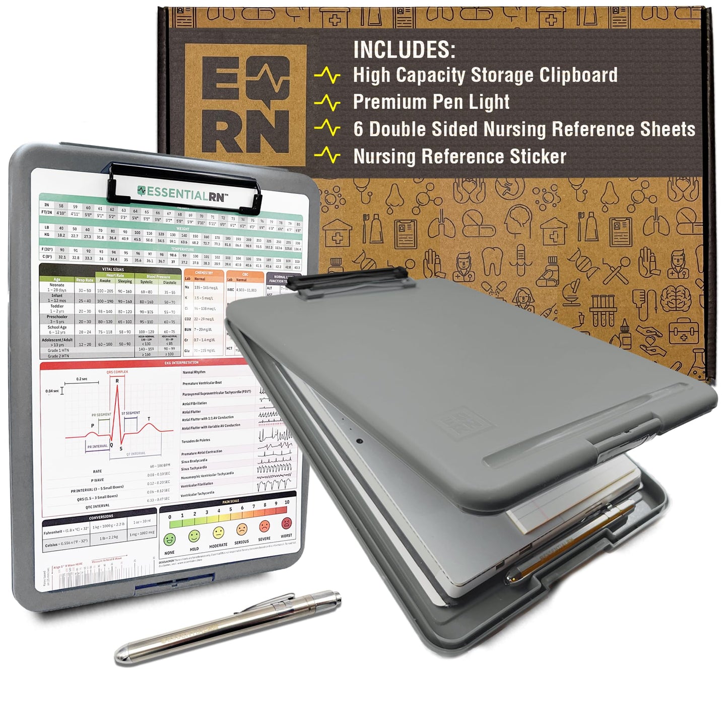 Essential RN Heavy Duty Nursing Clipboard with Storage Compartment, Penlight & Clinical Cheat Sheets – Nurse Clipboard Binder with Pen Holder - Perfect Nursing Accessories for Nursing Students